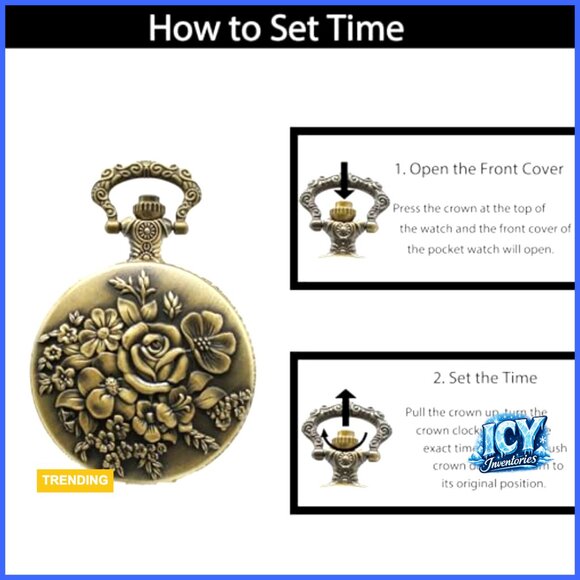 Vintage Quartz Pocket Watch with Flower Pattern Cover and Chain